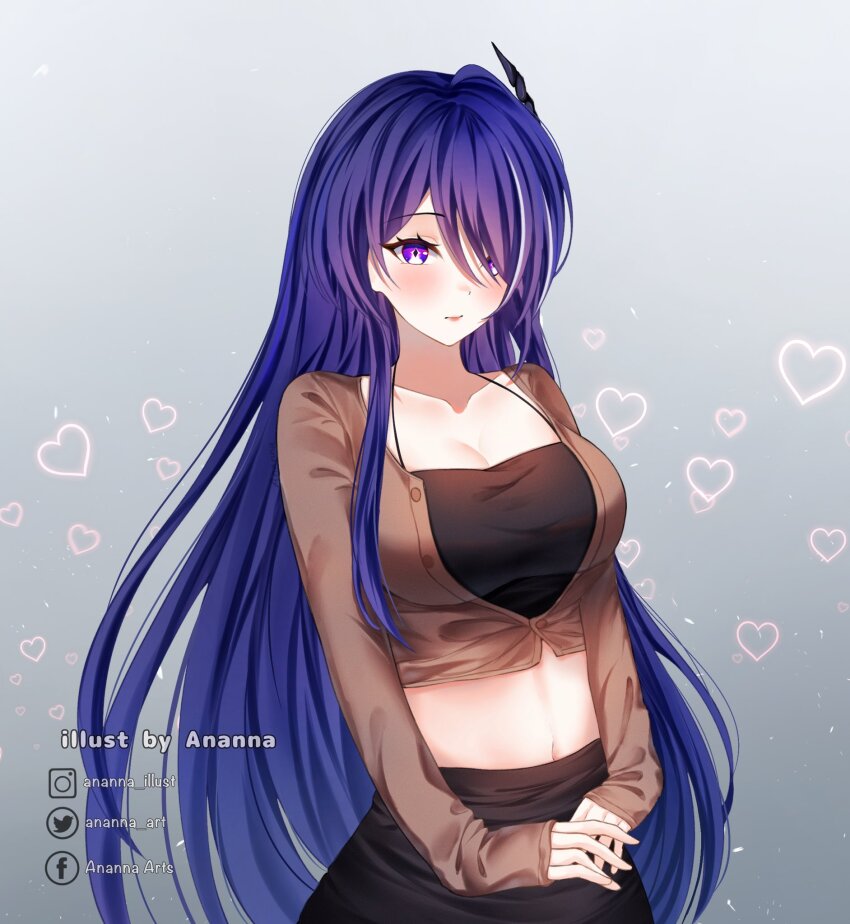 1girl, acheron_(honkai:_star_rail), alternate_costume, ananna_art, black_shirt, black_skirt, blush, breasts