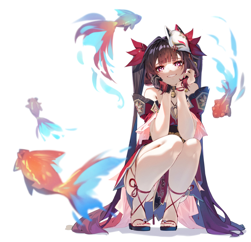 1girl, absurdres, arm_on_thigh, bell, bibisuka, black_choker, black_gloves, black_hair, black_sash, butterfly-shaped_pupils, choker, clenched_teeth, criss-cross_halter, dress, fox_mask, gloves, hair_spread_out, halterneck, hands_up, head_rest, highres, honkai:_star_rail, honkai_(series), koi, long_hair, looking_at_viewer, mask, mask_on_head, nail_polish, neck_bell, o-ring, okobo, open_mouth, platform_sandals, playing_with_own_hair, red_dress, red_eyes, red_nails, red_sleeves, sandals, sash, single_glove, solo, sparkle_(honkai:_star_rail), squatting, symbol-shaped_pupils, teeth, toenail_polish, toenails, twintails, very_long_hair, white_background