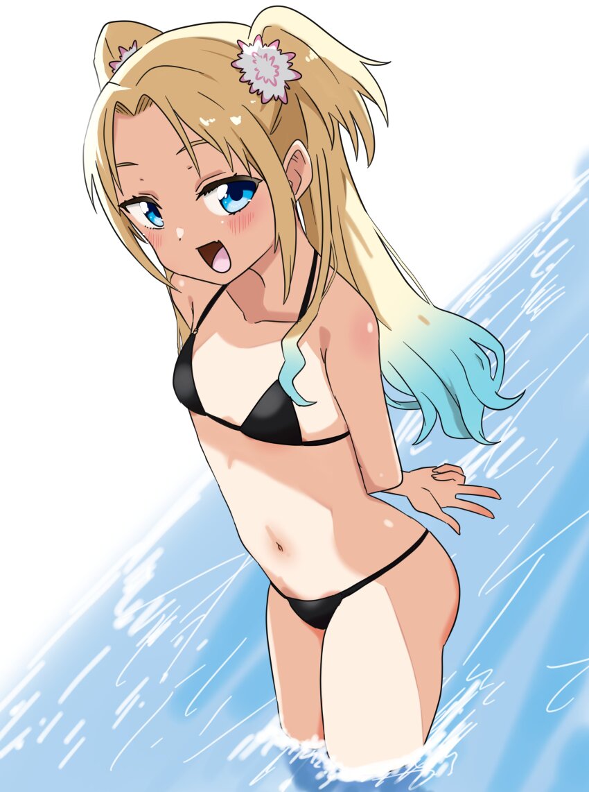 1girl, :d, absurdres, arms_behind_back, ass, bikini, black_bikini, blonde_hair, blue_eyes, blue_hair, blush, check_commentary, collarbone, commentary_request, dutch_angle, fang, flat_chest, flower, gradient_hair, hair_flower, hair_ornament, highres, kanzaki_gou, light_blue_hair, link!_like!_love_live!, long_hair, looking_at_viewer, love_live!, micro_bikini, multicolored_hair, navel, open_mouth, osawa_rurino, parted_bangs, pink_flower, skin_fang, smile, solo, standing, stomach, swimsuit, twintails, virtual_youtuber, w, wading, white_flower