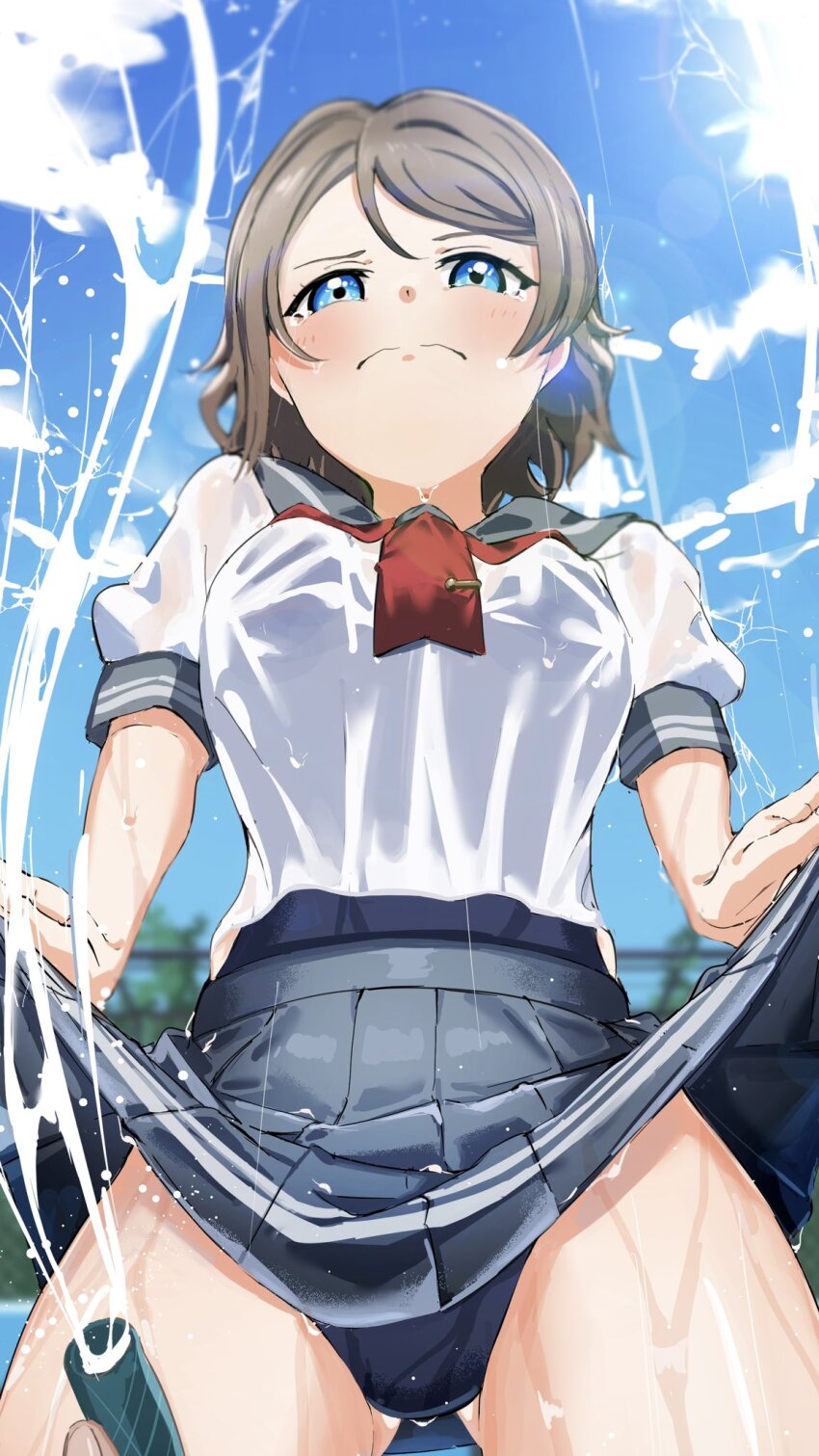 1girl, blue_eyes, clothes_lift, highres, hose, love_live!, love_live!_sunshine!!, n_aaa01