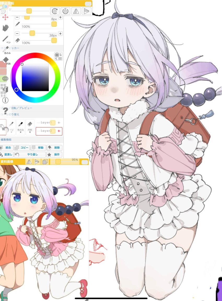 1girl, backpack, bag, bags_under_eyes, beads, blue_eyes, blush, capelet