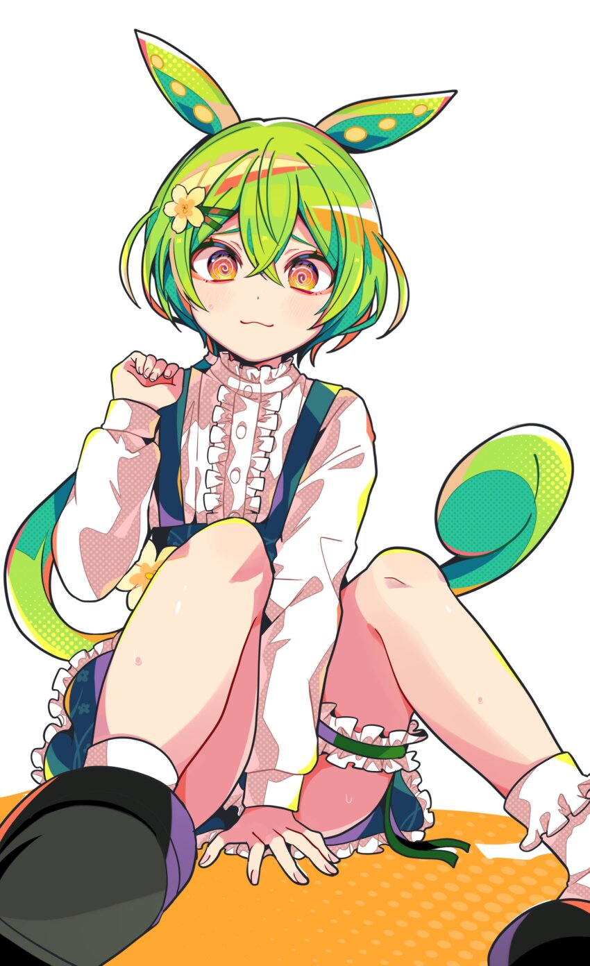 1girl, :3, @_@, absurdres, black_footwear, brown_eyes, center_frills, closed_mouth