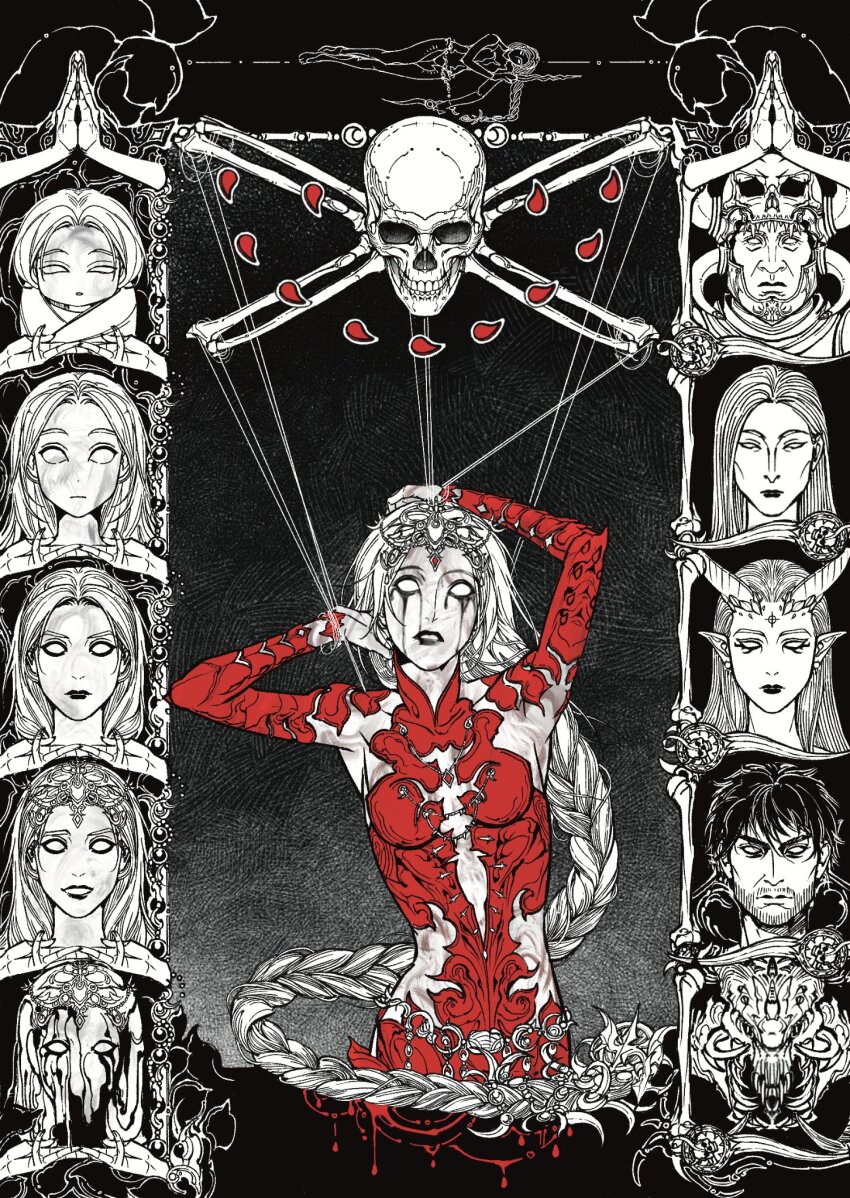 2boys, 6+girls, aged_down, baldur's_gate, baldur's_gate_3, black_background, black_eyeshadow, black_lips, blank_eyes, bleeding, blood, blood_on_face, bodysuit, bone, braid, cleavage_cutout, clothing_cutout, collared_bodysuit, colored_skin, commission, cowboy_shot, detached_sleeves, enver_gortash, eyeshadow, facing_viewer, greyscale, hatching_(texture), headpiece, highres, hip_vent, huachandawang, ketheric_thorm, long_hair, low-braided_long_hair, low-tied_long_hair, makeup, monochrome, multiple_boys, multiple_girls, multiple_persona, orin_the_red, puppet_strings, red_bodysuit, red_sleeves, runny_makeup, sarevok_anchev, single_braid, skull, slayer_(baldur's_gate), solo_focus, spot_color, white_hair, white_skin