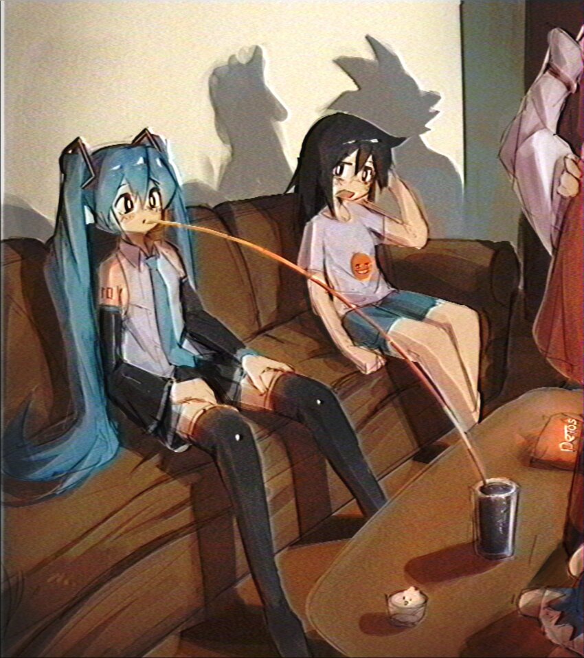 3girls, annoying_orange, aqua_hair, aqua_necktie, bags_under_eyes, black_sleeves, cirno, couch