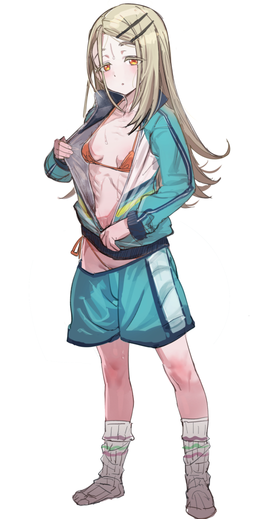 1girl, aqua_track_suit, bikini, bikini_under_clothes, blonde_hair, bow_(bhp), breasts, full_body, gakuen_idolmaster, gym_shorts, hair_ornament, hairclip, idolmaster, jacket, long_hair, micro_bikini, orange_bikini, orange_eyes, ribs, shinosawa_hiro, shorts, simple_background, skinny, small_breasts, swimsuit, thong, thong_bikini, track_jacket, track_suit, white_background