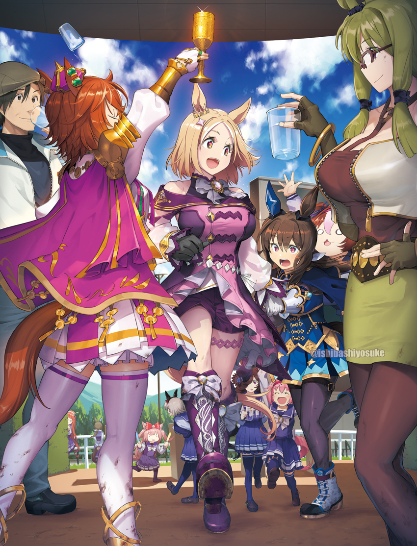 admire_vega's_twin_sister_(umamusume), admire_vega_(starry_nocturne)_(umamusume), admire_vega_(umamusume), agnes_digital_(umamusume), armor, bangle, bare_shoulders, black_gloves