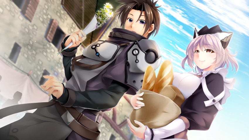 1boy, 1girl, apron, armor, atelier-moo, baguette, belt, black_hair