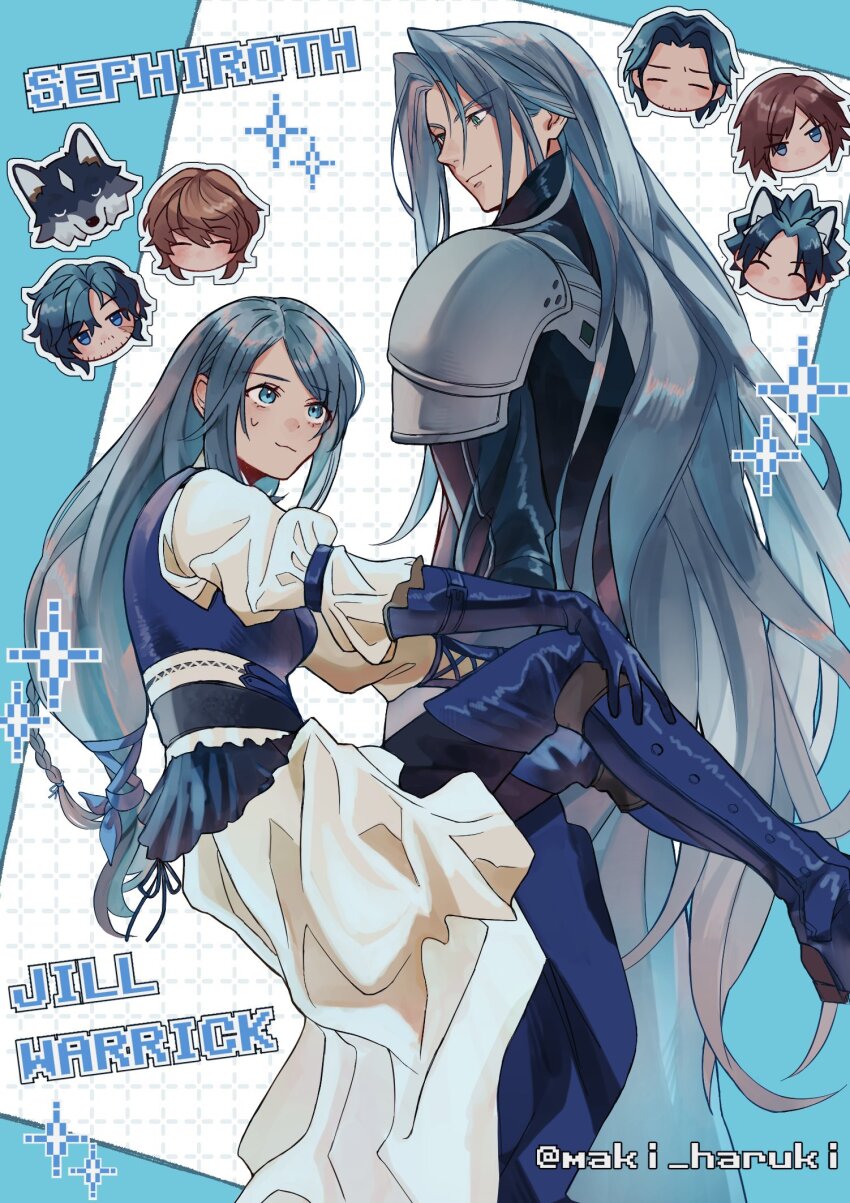 1girl, 6+boys, angeal_hewley, animal_ears, armor, black_coat, black_hair, black_pants