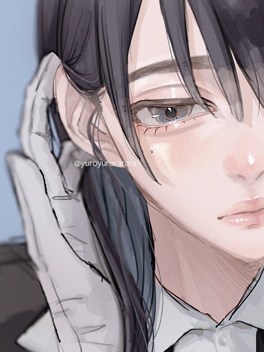 1girl, ado_(utaite), aegyo_sal, black_eyes, black_hair, blue_background, chando_(ado), close-up