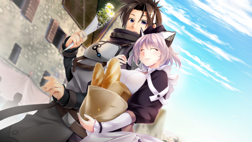 1boy, 1girl, ^_^, apron, arm_hug, armor, atelier-moo, baguette