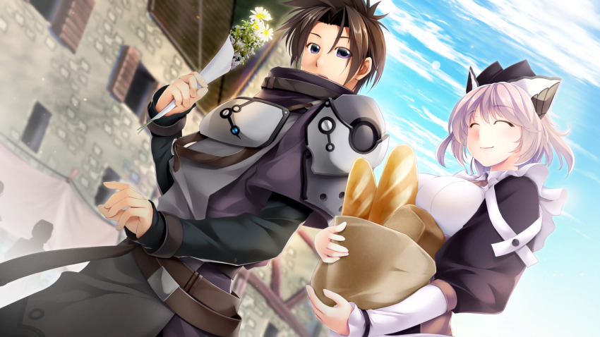 1boy, 1girl, ^_^, apron, armor, atelier-moo, baguette, belt