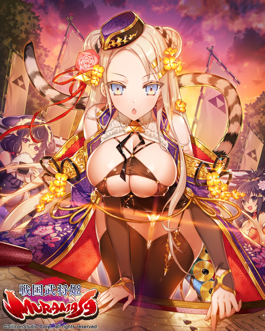 3girls, :d, bare_shoulders, black_thighhighs, blonde_hair, blue_eyes, breasts, cleavage, copyright_name, copyright_notice, crest, eating, family_crest, fang, flag, flower, food, garter_straps, hair_flower, hair_ornament, hat, highres, holding, holding_food, houjou_ujimasa_(sengoku_bushouki_muramasa), houjou_ujinori_(sengoku_bushouki_muramasa), houjou_ujishige_(sengoku_bushouki_muramasa), large_breasts, leaning_forward, long_hair, multiple_girls, munlu_(wolupus), onigiri, open_mouth, outdoors, purple_eyes, purple_hair, red_eyes, sengoku_bushouki_muramasa, sky, smile, sunset, tail, thighhighs, tiger_tail, tree