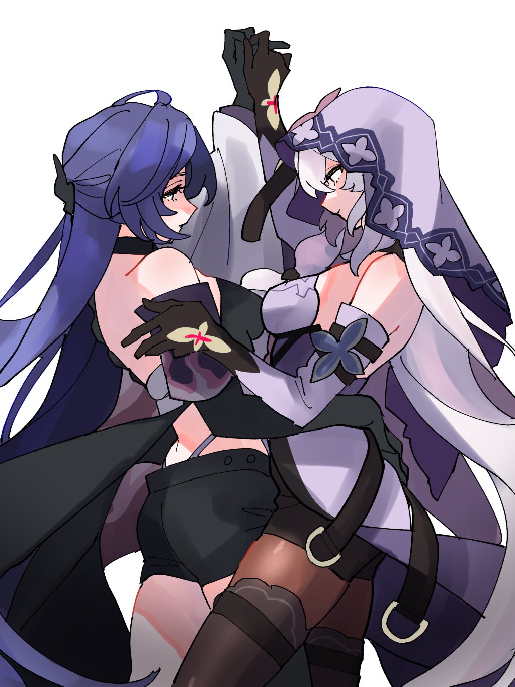 2girls, acheron_(honkai:_star_rail), bare_shoulders, black_choker, black_gloves, black_shorts, black_swan_(honkai:_star_rail), catxmata