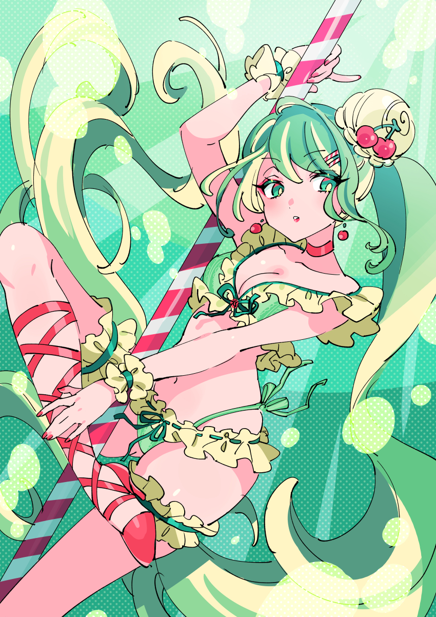 1girl, absurdres, alternate_costume, bad_id, bad_tumblr_id, bikini, breasts, cherry_earrings