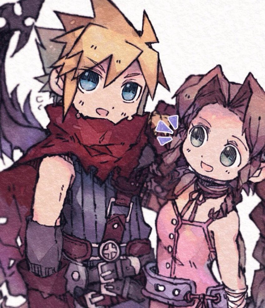 1boy, 1girl, aerith_gainsborough, ankomochi_(tomatoaaa), armor, bangle, bare_shoulders, belt