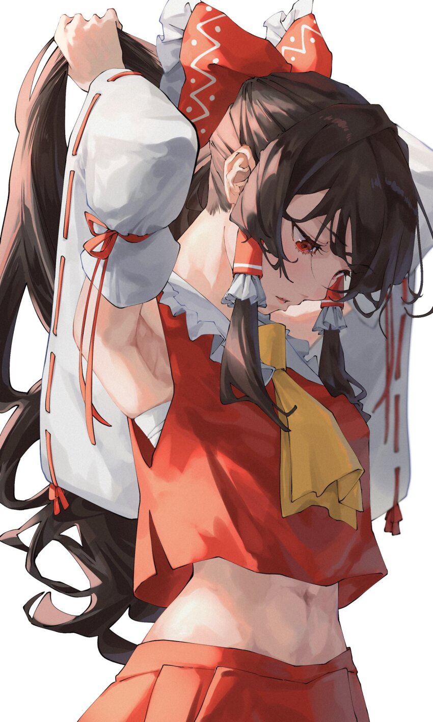 1girl, ascot, black_hair, bow, chest_sarashi, commentary, crop_top, crop_top_overhang