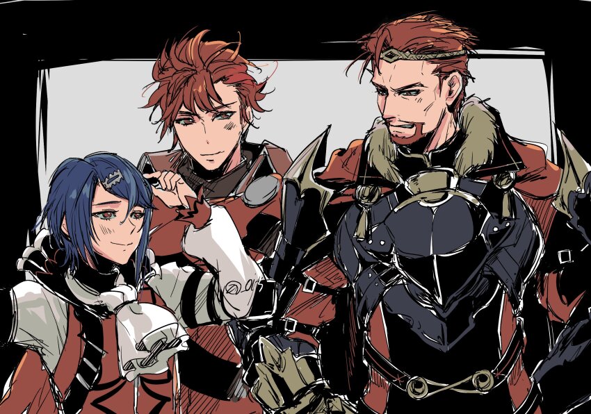3boys, alcryst_(fire_emblem), armor, ascot, beard, black_armor, blue_hair, brothers, dark_blue_hair, diamant_(fire_emblem), facial_hair, family, father_and_child, father_and_son, fire_emblem, fire_emblem_engage, full_beard, highres, male_focus, morion_(fire_emblem), multiple_boys, nintendo, parent_and_child, pinet_(fire_emblem), red_eyes, red_hair, siblings, umi_(oneinchswing), white_ascot
