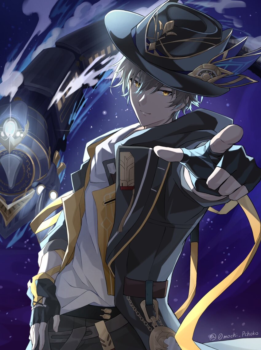 1boy, arm_up, artist_name, astral_express_(honkai:_star_rail), black_coat, black_gloves, black_hat, black_pants