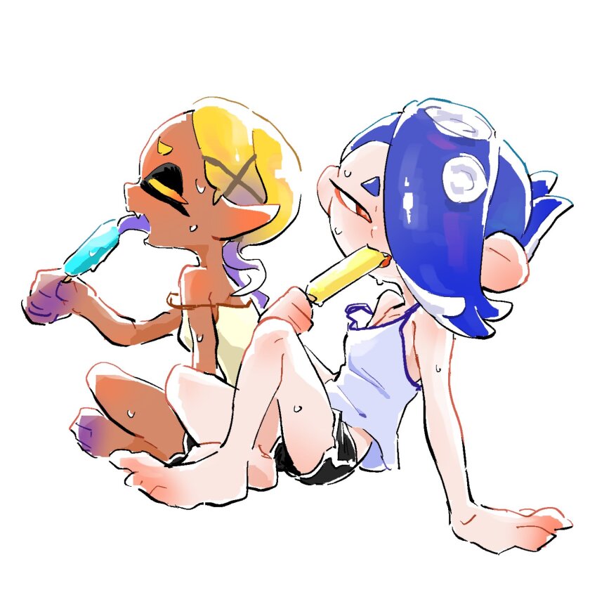 2girls, barefoot, blonde_hair, blue_hair, closed_eyes, dark-skinned_female, dark_skin, eating, food, frye_(splatoon), highres, inkling, issa_1_3, looking_at_viewer, multiple_girls, nintendo, octoling, open_mouth, popsicle, shiver_(splatoon), shorts, sitting, splatoon_(series), splatoon_3, strap_slip, sweat, tank_top, tentacle_hair, tongue, tongue_out
