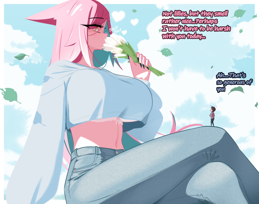 1boy, 1girl, arm_support, black_pants, blue_pants, blue_shirt, blue_sky, border