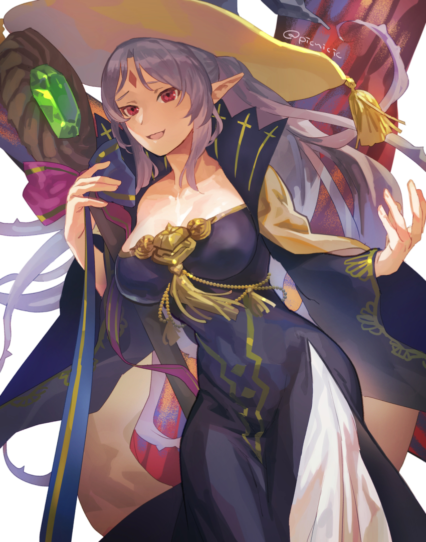 1girl, breasts, butterfly_wings, commission, cosplay, fairy_wings, fire_emblem, fire_emblem_heroes, grey_hair, hair_vines, halloween, halloween_costume, hat, highres, insect_wings, ko-fi_commission, large_breasts, nintendo, official_alternate_costume, picnicic, plant, plant_hair, plumeria_(fire_emblem), pointy_ears, red_eyes, rhea_(fire_emblem), rhea_(fire_emblem)_(cosplay), rhea_(halloween)_(fire_emblem), solo, vines, wings, witch, witch_hat