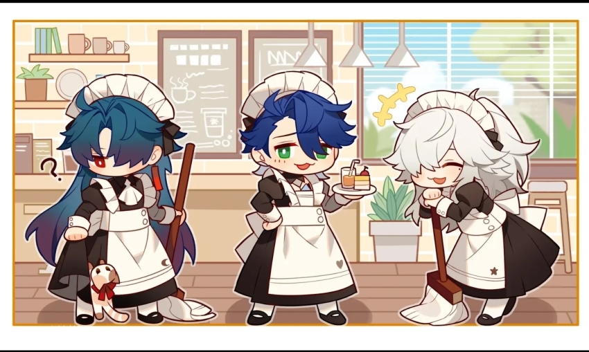 ?, blade_(honkai:_star_rail), cat, chibi, cleaning, crossdressing, honkai:_star_rail, honkai_(series)