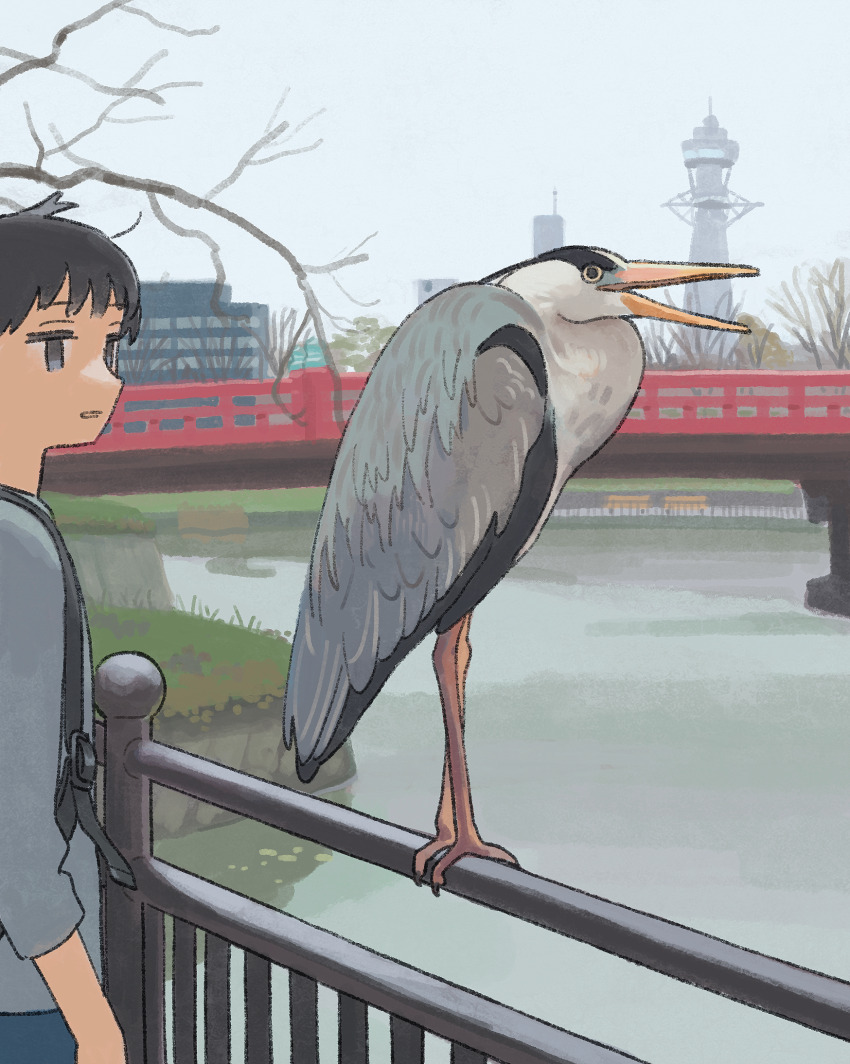 1boy, animal, animal_focus, bird, black_eyes, black_hair, branch, bridge