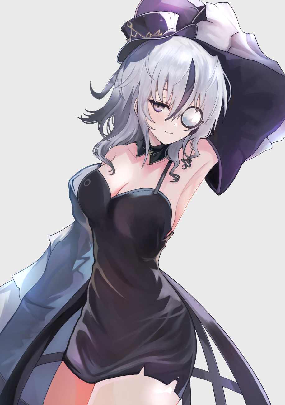 1girl, arm_up, armpits, azur_lane, bearn_(azur_lane), bearn_(meta)_(azur_lane), black_dress, black_hair, black_hat, breasts, cleavage, closed_mouth, detached_sleeves, dress, grey_background, grey_eyes, grey_hair, hat, highres, light_blush, medium_breasts, monocle, multicolored_hair, riku_amano1018, short_dress, simple_background, smile, solo, streaked_hair, tilted_headwear, top_hat