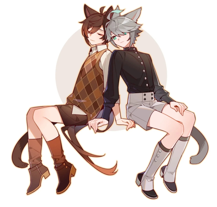 2boys, aged_down, alhaitham_(genshin_impact), alternate_costume, animal_ears, cat_boy, cat_ears, genshin_impact
