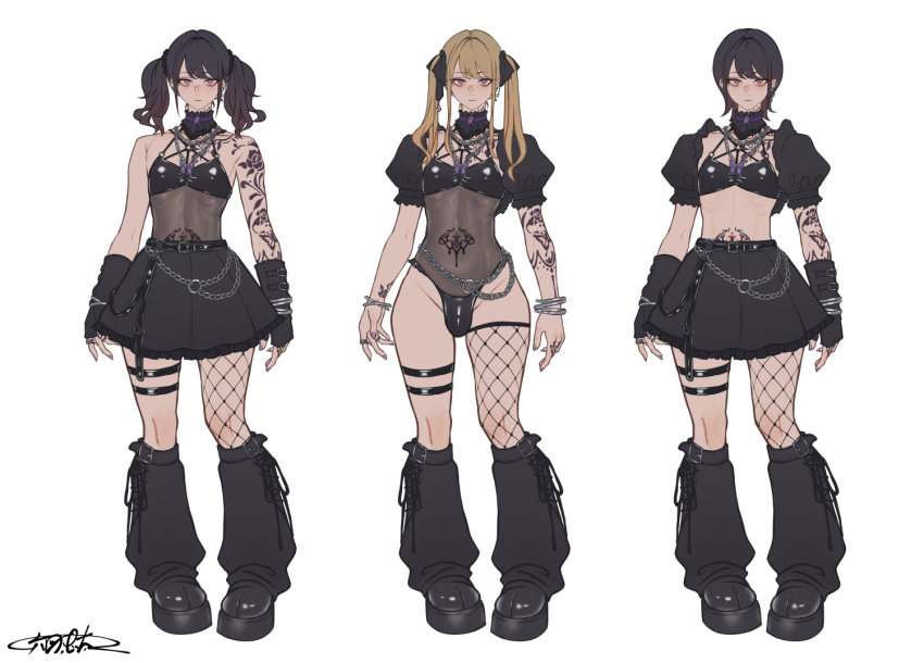 1boy, ankle_tattoo, arm_tattoo, arms_at_sides, barefoot, belt, black_belt, black_hair, black_ribbon, black_skirt, blonde_hair, boots, bulge, closed_mouth, collar, collarbone, crossdressing, crossdressing_(mtf), detached_collar, ear_piercing, earrings, fingerless_gloves, fishnet_thighhighs, fishnets, forked_tongue, frilled_collar, frilled_skirt, frilled_sleeves, frills, full_body, gloves, goth_fashion, hair_ribbon, jewelry, leg_warmers, leotard, long_hair, looking_at_viewer, male_focus, multiple_rings, multiple_tattoos, nail_polish, navel, navel_piercing, nipples, original, piercing, platform_boots, platform_footwear, puffy_short_sleeves, puffy_sleeves, purple_eyes, reference_sheet, ribbon, ribs, ring, rokuzukeita, see-through_clothes, see-through_leotard, shiny_clothes, short_hair, short_sleeves, shoulder_tattoo, signature, skirt, standing, stomach_tattoo, tattoo, thigh_strap, thighhighs, thighs, tongue, trap, twintails, white_background, wide_hips, wig, wrist_tattoo