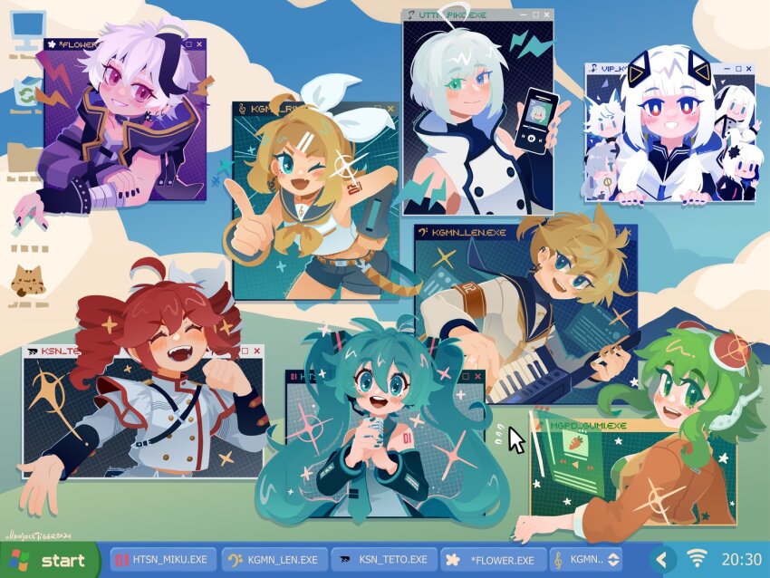 2boys, 6+girls, :d, ahoge, animal_ear_fluff, animal_ears, arm_warmers, arm_wrap