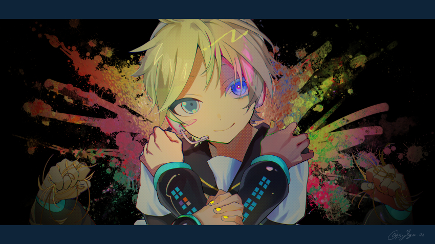 1boy, absurdres, blonde_hair, blue_eyes, chimera_(vocaloid), closed_mouth, extra_arms, heterochromia
