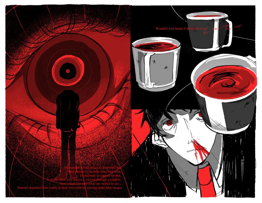 1boy, adachi_tooru, ambiguous_red_liquid, black_hair, blood, coffee_mug, cup, english_text, eyeball, formal_clothes, grid, headless, highres, jacket, long_sleeves, looking_up, male_focus, mug, multiple_boys, necktie, nosebleed, persona, persona_4, red_eyes, red_necktie, red_theme, ringed_eyes, shirt, short_hair, sijia_(jd5vlp), suit