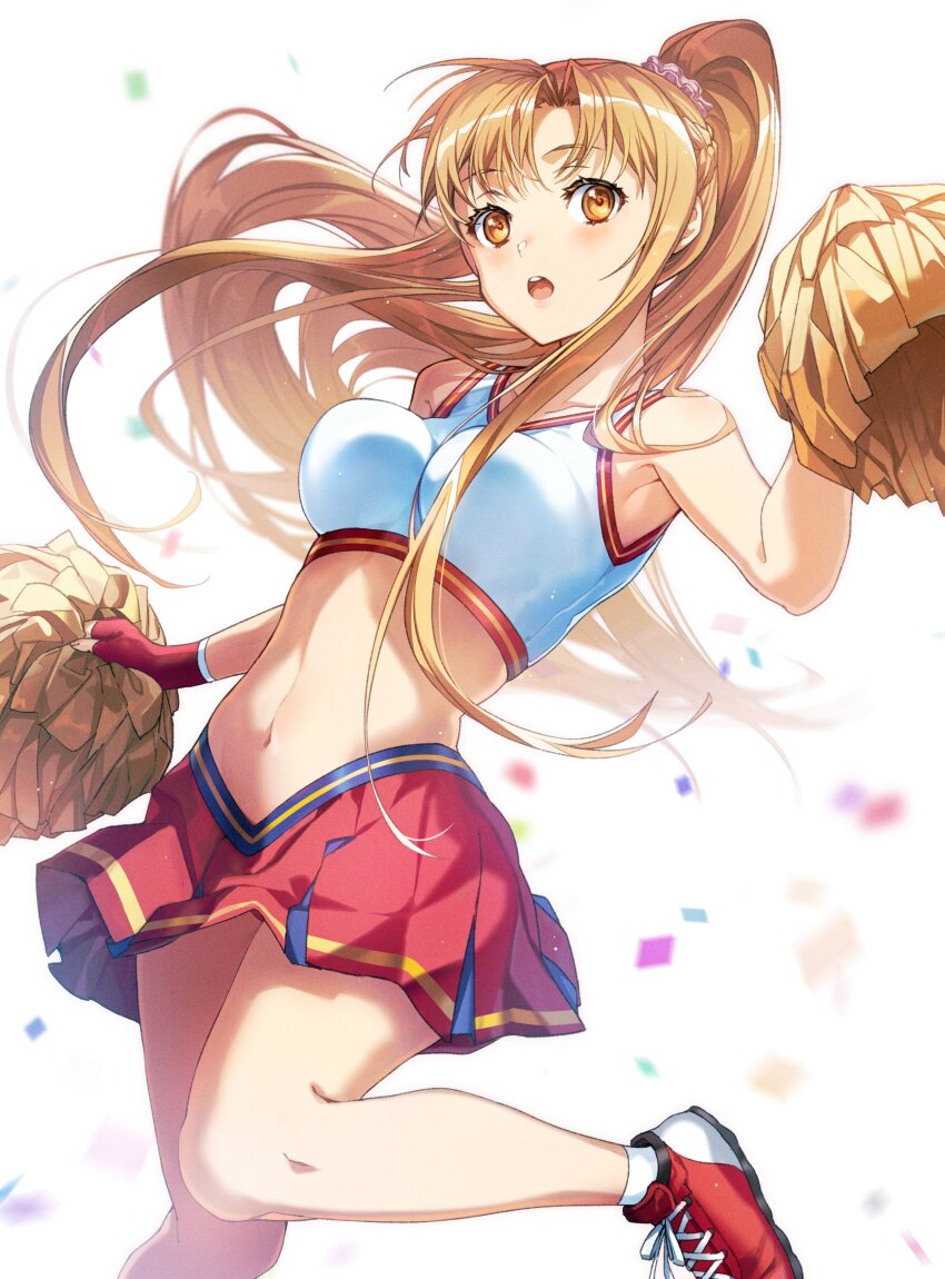 1girl, :o, absurdres, arm_up, armpit_peek, asuna_(sao), black_trim, blush, breasts, cheerleader, collarbone, commentary_request, confetti, dutch_angle, fingerless_gloves, floating_hair, gloves, hair_ornament, hair_scrunchie, high_ponytail, highres, impossible_clothes, impossible_tank_top, leg_up, long_hair, looking_at_viewer, medium_breasts, multicolored_shoes, navel, open_mouth, orange_eyes, orange_hair, pink_scrunchie, pleated_skirt, pom_pom_(cheerleading), ponytail, red_gloves, red_shoes, red_skirt, red_trim, scrunchie, shoes, simple_background, skirt, socks, solo, sports_bra, stomach, sword_art_online, tank_top, white_background, white_shoes, white_socks, white_tank_top, yellow_pom_poms, yoru_kiri