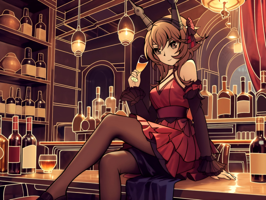 1girl, alternate_costume, alternate_eye_color, bar_(place), black_pantyhose, black_sleeves, bottle, breasts