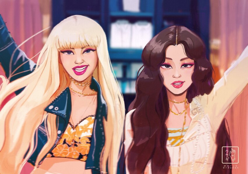 2girls, animification, arm_up, black_jacket, blackpink, blonde_hair, blunt_bangs, brown_hair, commentary, cropped_jacket, english_commentary, eyeliner, highres, jacket, jennie_(blackpink), jewelry, k-pop, leather, leather_jacket, lisa_(blackpink), long_hair, long_sleeves, looking_at_viewer, loose_hair_strand, makeup, miadresden, multiple_girls, necklace, pink_lips, real_life, toon_(style), watermark, wavy_hair