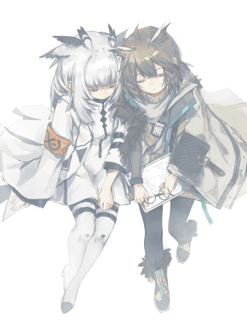 2girls, absurdres, arknights, armband, black_pantyhose, boots, brown_hair, closed_eyes, closed_mouth, coat, commentary, dress, expressionless, feather_hair, full_body, fur-trimmed_coat, fur-trimmed_footwear, fur_trim, glasses, grey_coat, grey_sweater, highres, id_card, infection_monitor_(arknights), long_hair, long_sleeves, multiple_girls, notepad, official_alternate_costume, open_clothes, open_coat, owl_ears, owl_girl, pantyhose, ptilopsis_(arknights), ptilopsis_(elite_ii)_(arknights), rhine_lab_logo, round_eyewear, shoulder-to-shoulder, shuuyakikou, silence_(arknights), silence_(frosted_breath)_(arknights), simple_background, sweater, untranslatable_commentary, thighhighs, unworn_eyewear, white_background, white_coat, white_dress, white_hair, white_thighhighs