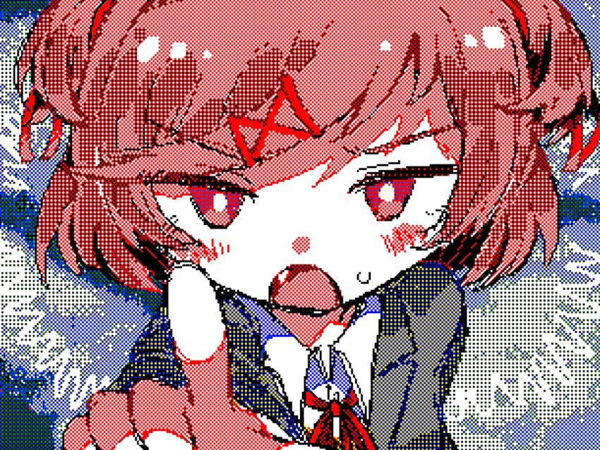 1girl, absurdres, blazer, blue_background, blush_stickers, check_medium, collared_jacket, collared_shirt, doki_doki_literature_club, fang, flipnote_studio_(medium), furrowed_brow, grey_jacket, hair_ribbon, highres, jacket, kitaguchi_(yagikanshi), lapels, layered_sleeves, long_sleeves, medium_request, natsuki_(doki_doki_literature_club), neck_ribbon, notched_lapels, open_mouth, pink_eyes, pink_hair, pointing, pointing_at_viewer, red_ribbon, ribbon, school_uniform, shirt, short_hair, simple_background, solo, straight-on, sweatdrop, tress_ribbon, two_side_up, upper_body, vest, white_shirt, yellow_vest