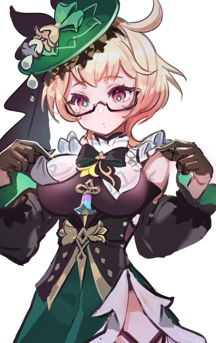 1girl, black-framed_eyewear, black_bow, black_corset, black_gloves, black_ribbon, blonde_hair, bow, breast_curtain_lift, breast_curtains, breasts, closed_mouth, corset, detached_sleeves, dot_mouth, emilie_(genshin_impact), frills, genshin_impact, glasses, gloves, green_hat, green_skirt, hat, hat_ribbon, highres, large_breasts, pink_eyes, ribbon, semi-rimless_eyewear, short_hair, side_slit, skirt, sleeveless, solo, starry_babe, upper_body