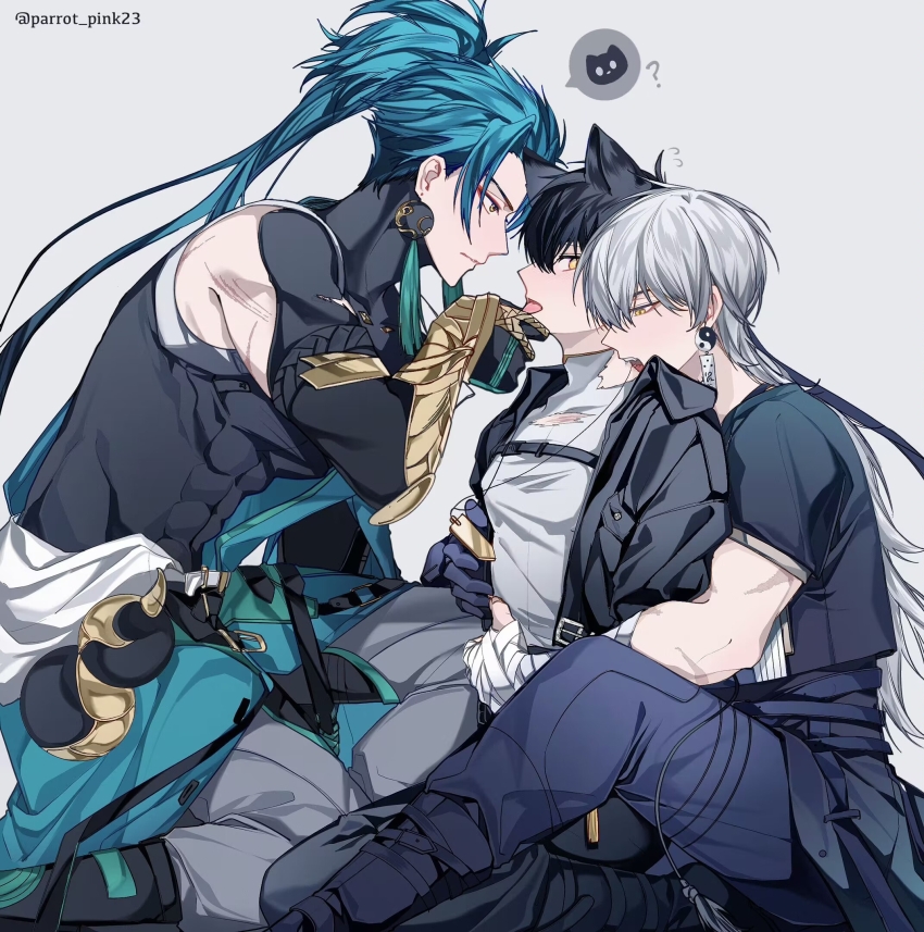 3boys, ?, abs, animal_ears, armor, ball_earrings, bandaged_arm, bandages, biting, black_bodysuit, black_footwear, black_hair, black_jacket, black_shirt, blue_hair, blue_pants, blush, bodysuit, boots, boy_sandwich, chinese_commentary, combat_boots, commentary, earrings, eyeliner, from_side, gauntlets, geshu_lin_(wuthering_waves), grabbing_another's_chin, grey_background, grey_pants, grey_shirt, hand_on_another's_chin, high_ponytail, highres, jacket, jewelry, jiyan_(wuthering_waves), kneeling, long_hair, makeup, male_rover_(wuthering_waves), multiple_boys, muscular, muscular_male, neck_biting, necklace, ofuda_earrings, on_one_knee, open_clothes, open_jacket, open_mouth, pangu_terminal_(wuthering_waves), pants, parrot_pink23, ponytail, profile, red_eyeliner, rover_(wuthering_waves), sandwiched, scar, scar_on_arm, scar_on_shoulder, scratches, shirt, shoulder_armor, simple_background, sleeveless, sleeveless_bodysuit, spoken_animal, tassel, tassel_earrings, tongue, tongue_out, torn_clothes, torn_shirt, twitter_username, white_hair, wuthering_waves, yaoi, yellow_eyes, yin_yang, yin_yang_earrings