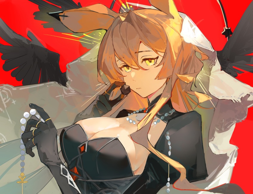 1girl, absurdres, animal_ears, arknights, bird_wings, black_dress, black_gem, black_gloves