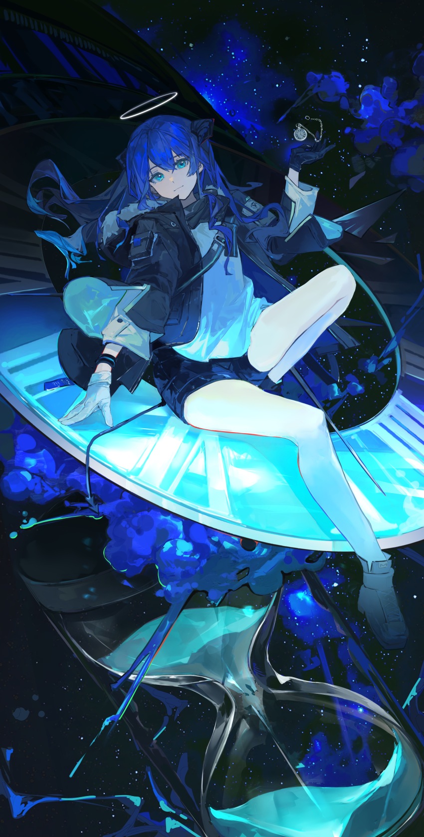 1girl, absurdres, analog_clock, arknights, bandana, bare_legs, black_bandana, black_jacket