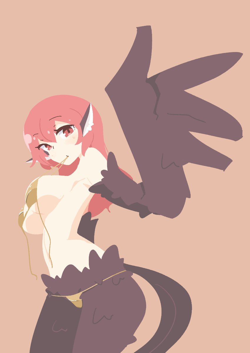 1girl, animal_ears, big_o_pants, bikini, bird_ears, bird_legs, black_feathers, black_wings