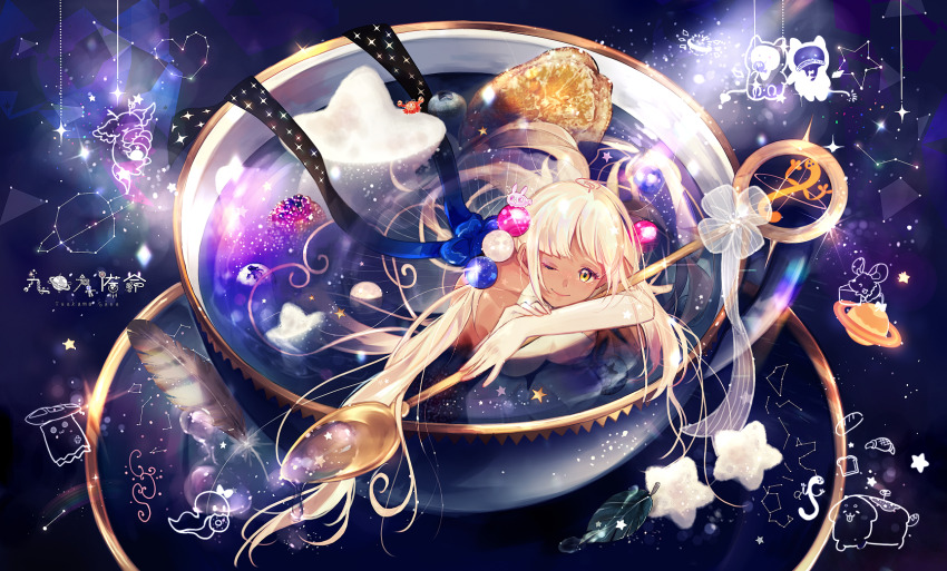 1girl, \||/, blonde_hair, breasts, commentary, constellation, crown_(artist), cup
