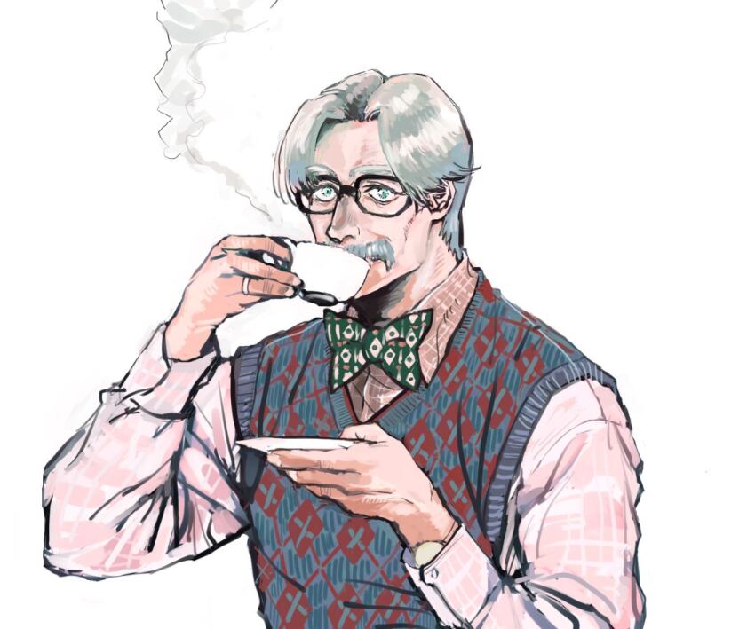1boy, ahiru_pyaan, argyle_clothes, argyle_sweater_vest, black-framed_eyewear, bow, bowtie, collared_shirt