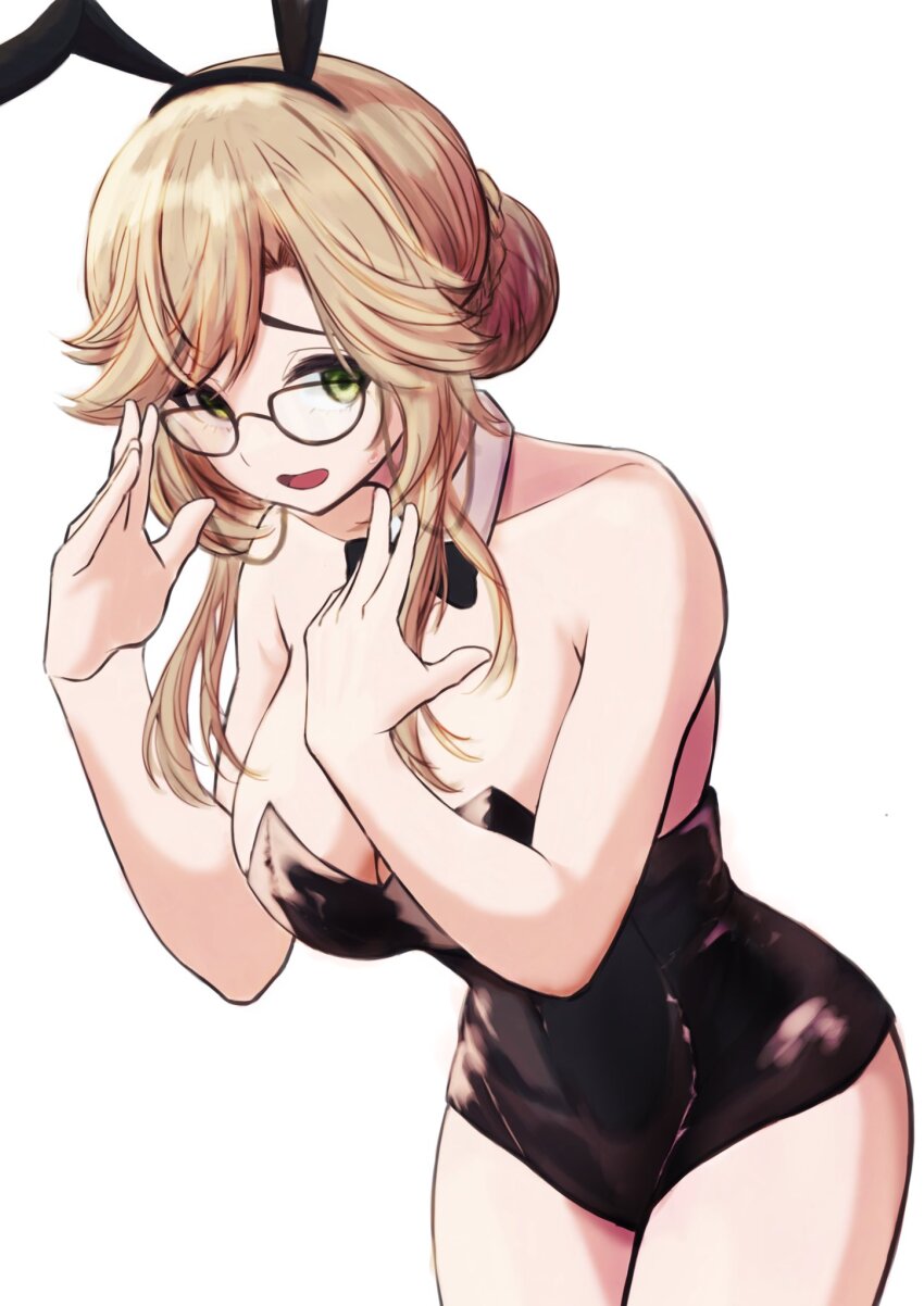 1girl, ade_(nikke), animal_ears, bare_shoulders, black_bow, black_bowtie, black_leotard, blonde_hair, bow, bowtie, braid, breasts, detached_collar, eri_aki0827, fake_animal_ears, glasses, goddess_of_victory:_nikke, green_eyes, highres, large_breasts, leotard, long_hair, playboy_bunny, rabbit_ears, sidelocks, simple_background, solo, strapless, strapless_leotard, white_background