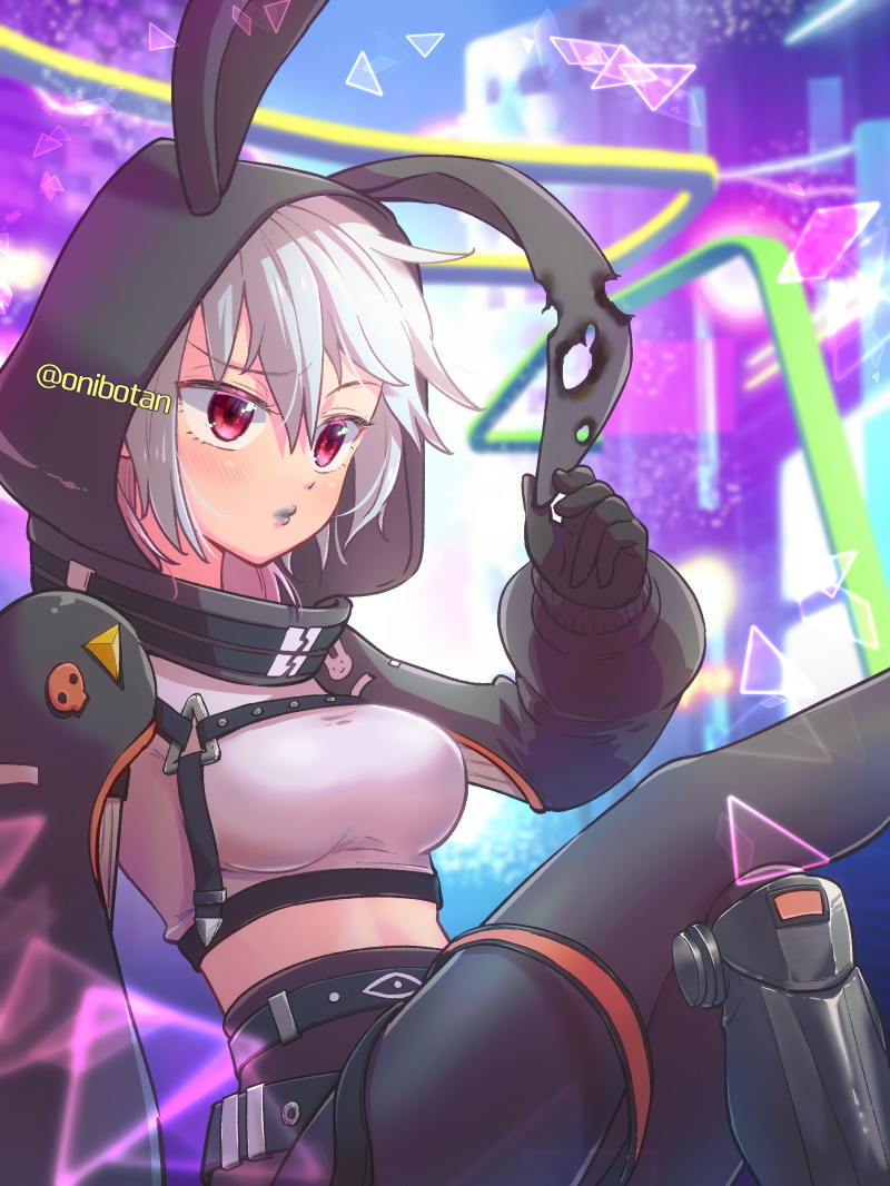 1girl, animification, black_pants, blush, breast_strap, breasts, bullet_hole, confused, cropped_shirt, fortnite, grey_hair, hair_between_eyes, highwire_(fortnite), hood, hood_up, looking_ahead, medium_breasts, mikio_(onibotan), pants, pink_eyes, purple_lips, short_hair, sitting, solo, twitter_username