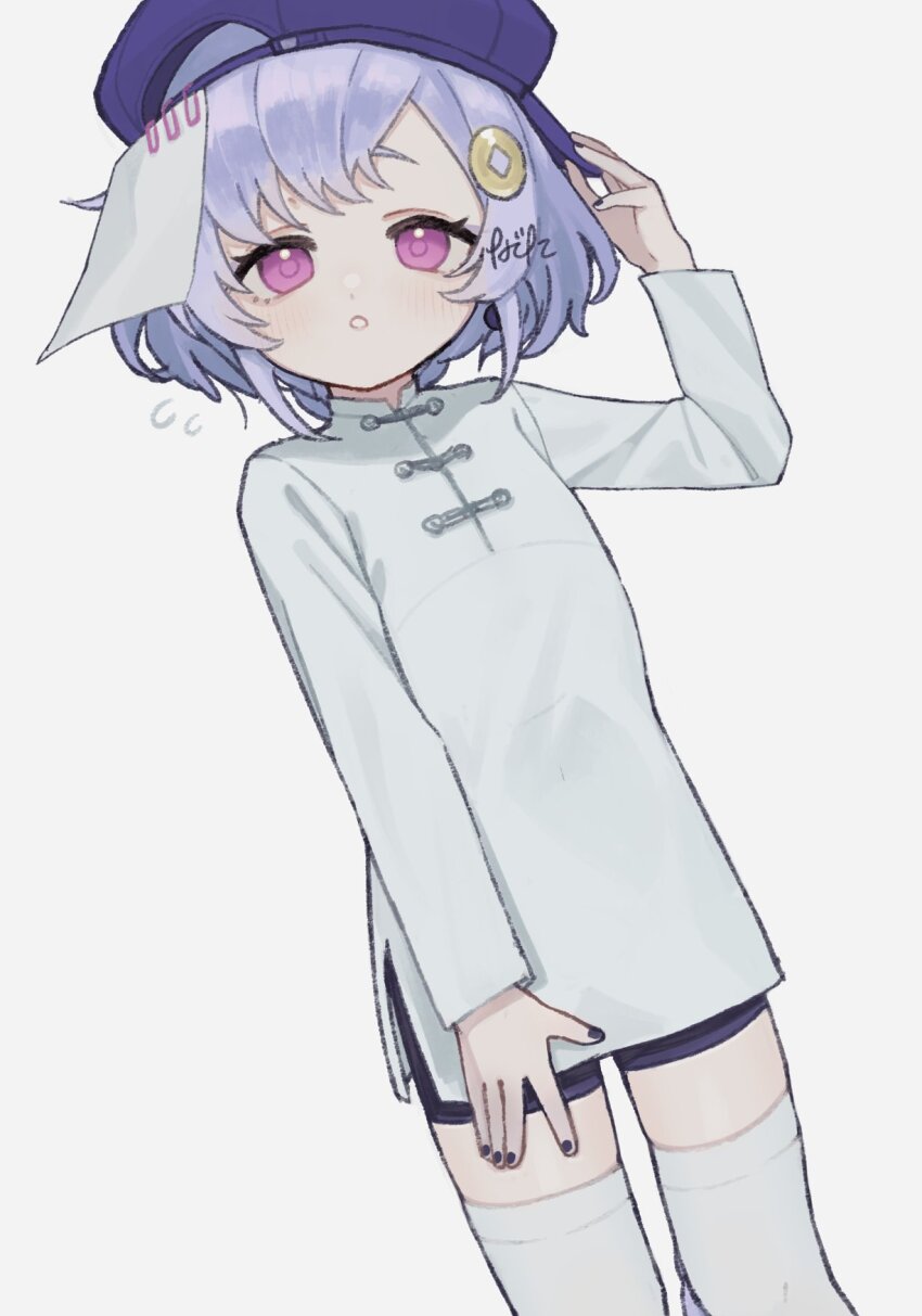 1girl, 750x077, artist_name, backwards_hat, baseball_cap, black_nails, black_shorts, blush