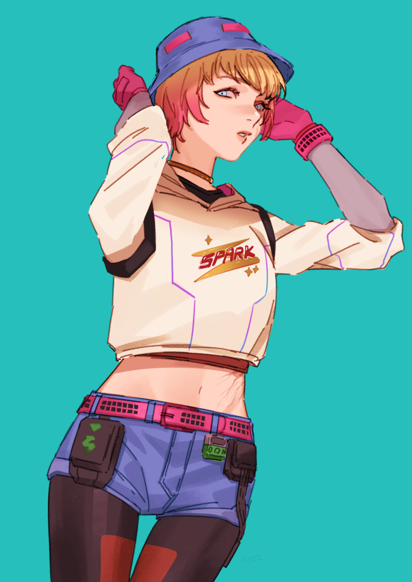 1girl, absurdres, animification, apex_legends, belt, black_pantyhose, black_shirt, blue_eyes