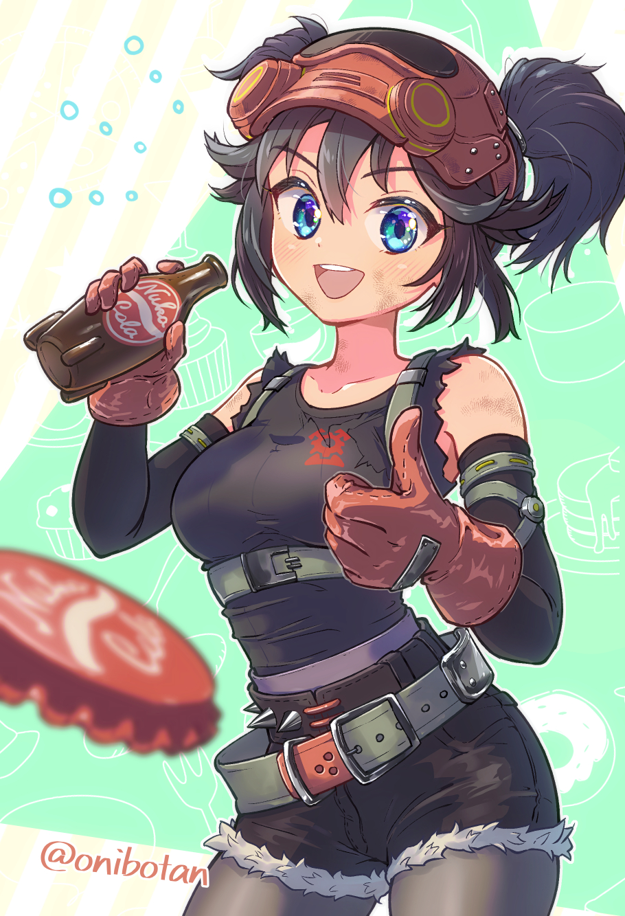 1girl, animification, belt, black_hair, black_pantyhose, black_shorts, black_tank_top, blue_eyes, breasts, collarbone, detached_sleeves, fallout, fortnite, fur-trimmed_shorts, fur_trim, gloves, green_belt, highres, looking_at_viewer, medium_breasts, mikio_(onibotan), nuka-cola, open_mouth, pantyhose, pixiv_bottlecap, red_gloves, short_hair, shorts, smile, solo, tank_top, the_machinist_(fortnite), thumbs_up, twintails, twitter_username